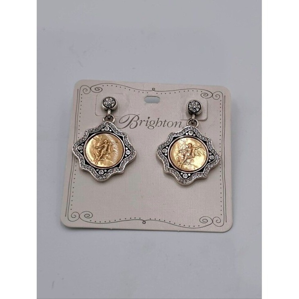 Brighton Devotion Be Victorious Angel Coin Crystal Drop Earrings Silver Gold